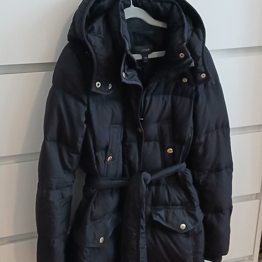 J CREW Black Puffer Coat w/ detachable Hood & belt- XS
